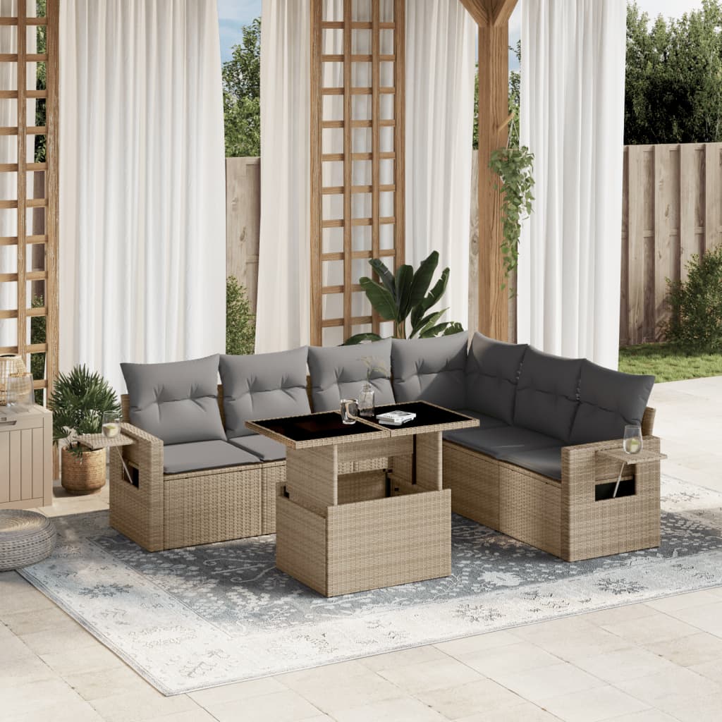 sofasæt til haven 7 dele med hynder polyrattan beige