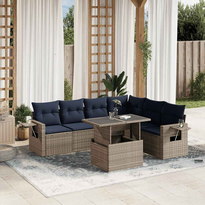 havesofasæt med 7 dele og hynder grå polyrattan