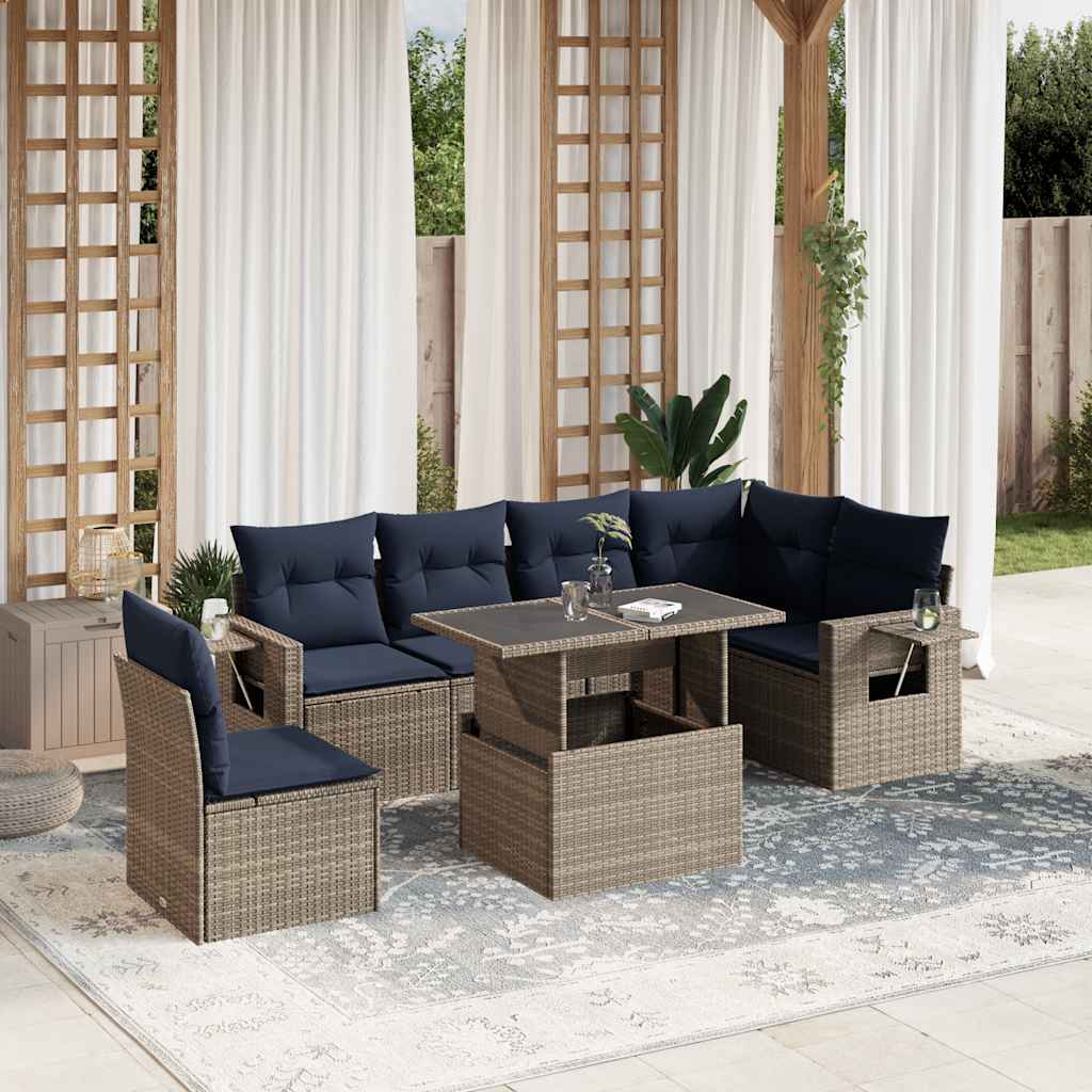 havesofasæt med 7 dele og hynder grå polyrattan