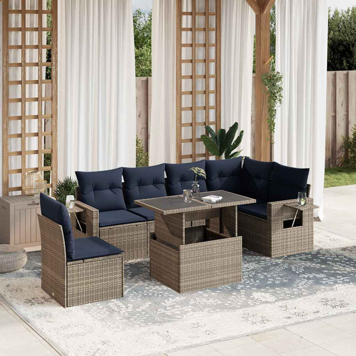 havesofasæt med 7 dele og hynder grå polyrattan