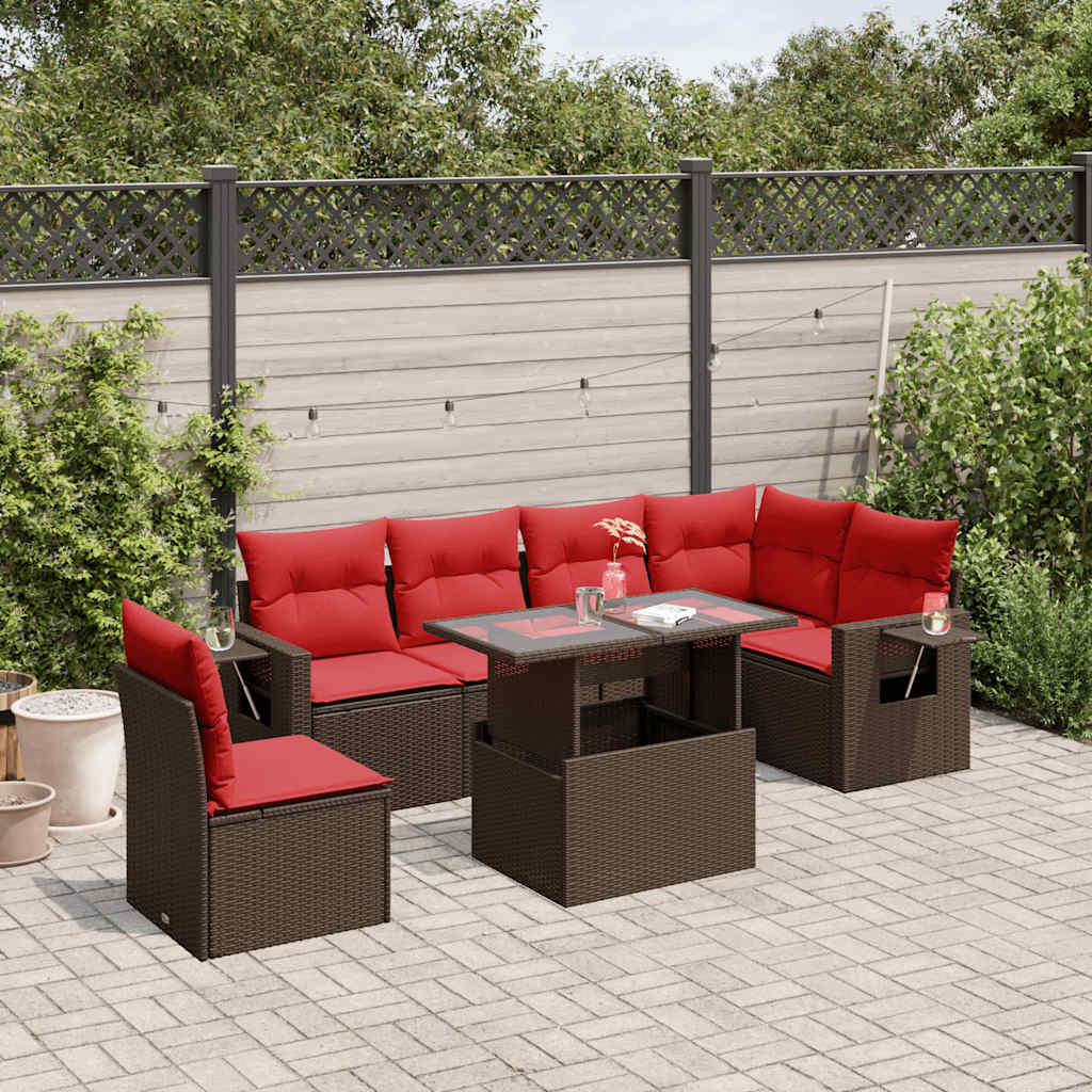 havesofasæt med 7 hynder brun polyrattan