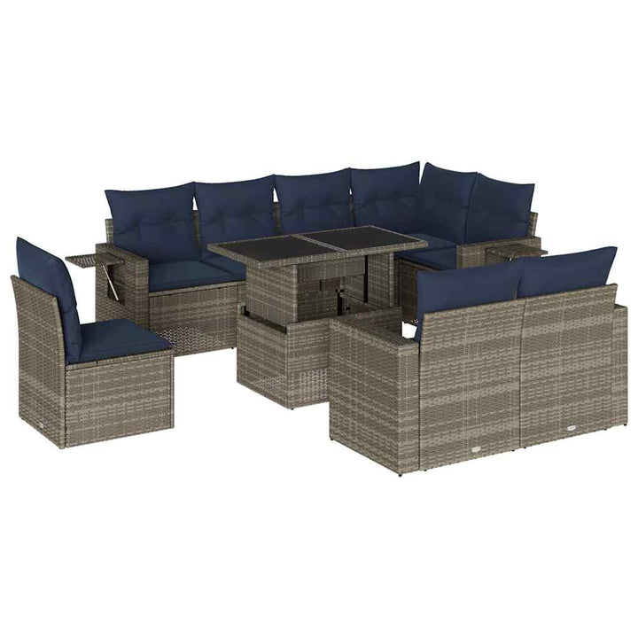 havesofasæt med 9 dele og hynder grå polyrattan