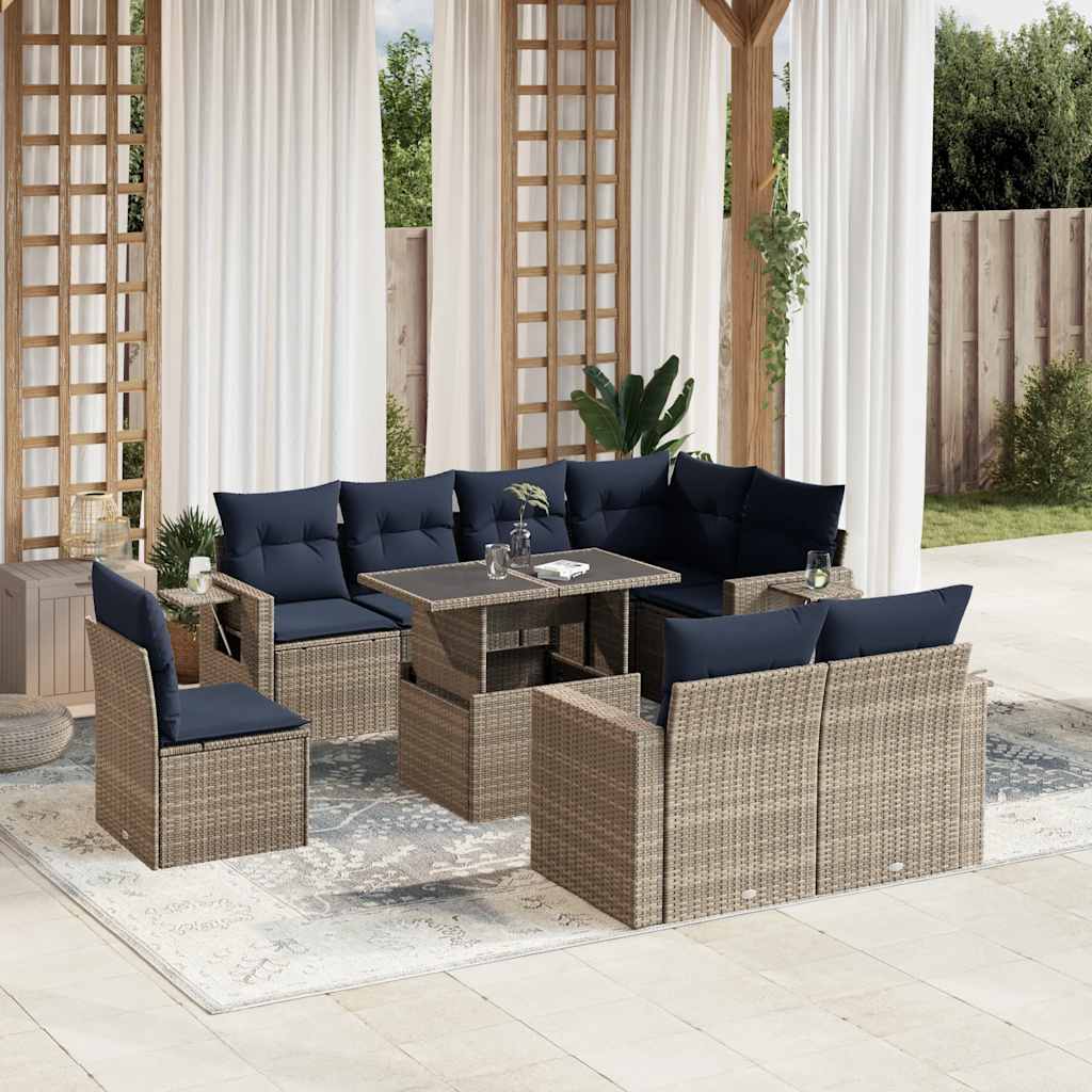 havesofasæt med 9 dele og hynder grå polyrattan
