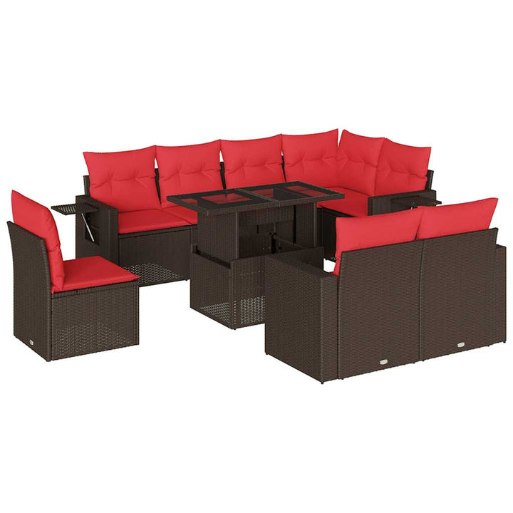 havesofasæt med 9 dele og hynder brun polyrattan