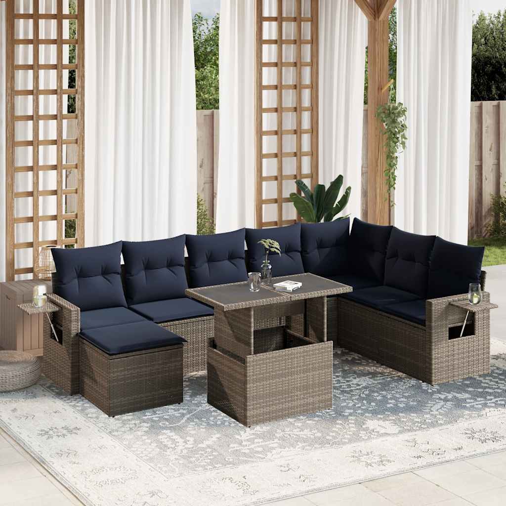 havesofasæt med 9 dele og hynder grå polyrattan