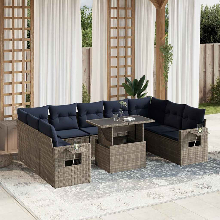 havesofasæt med 10 dele og hynder grå polyrattan