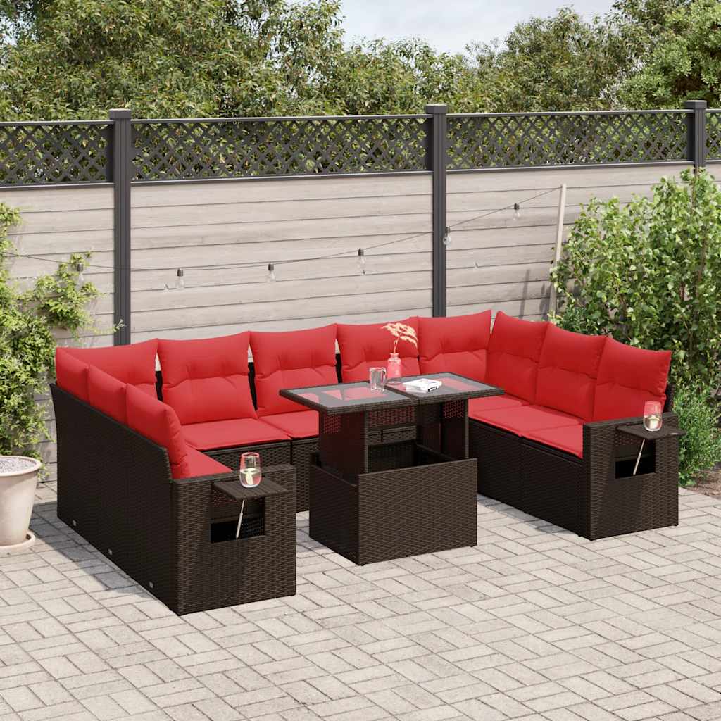 havesofasæt med 10 hynder brun polyrattan