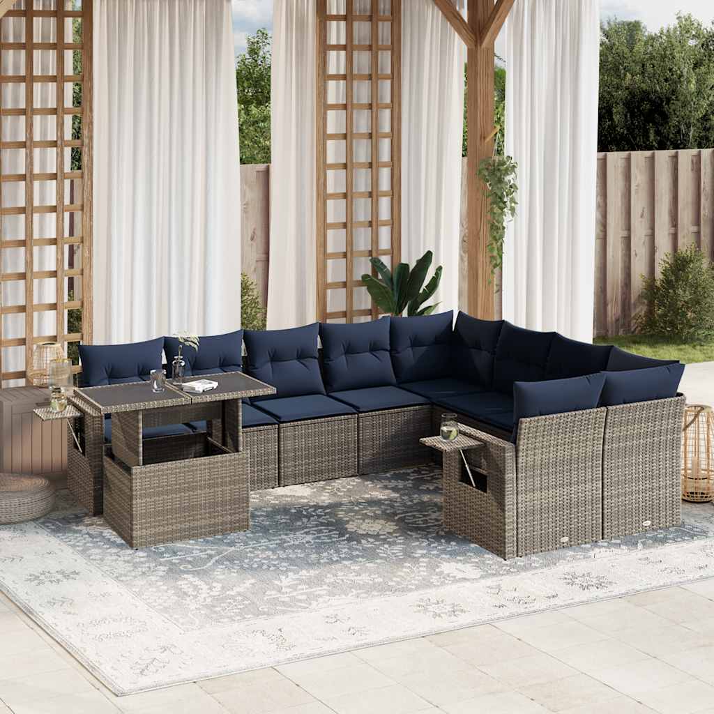 havesofasæt med 10 dele og hynder grå polyrattan