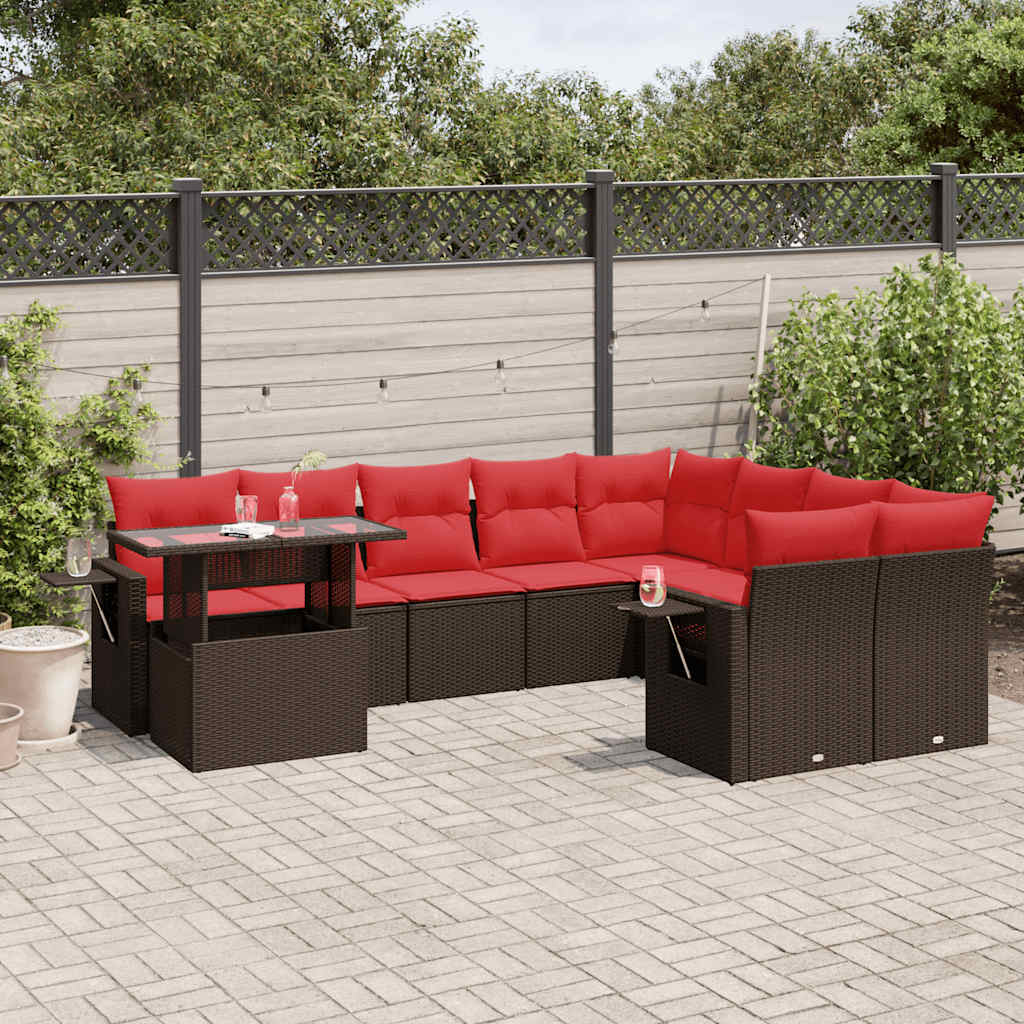 havesofasæt med 10 hynder brun polyrattan