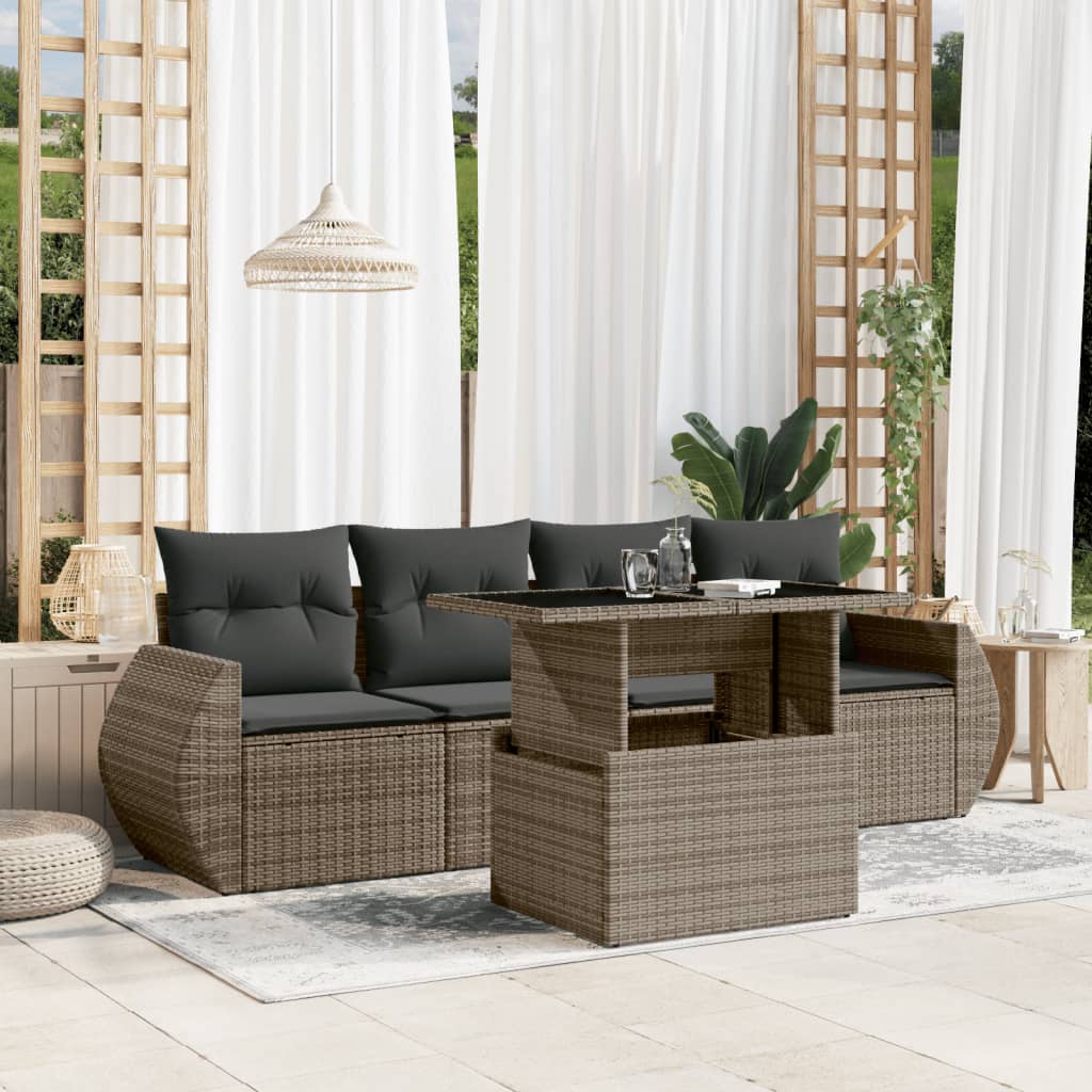 sofasæt 5 dele med hynder polyrattan grå