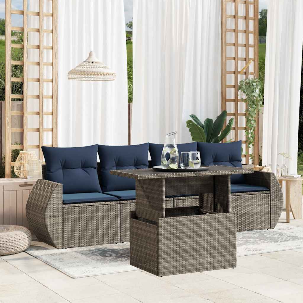 havesofasæt med 5 dele og hynder grå polyrattan