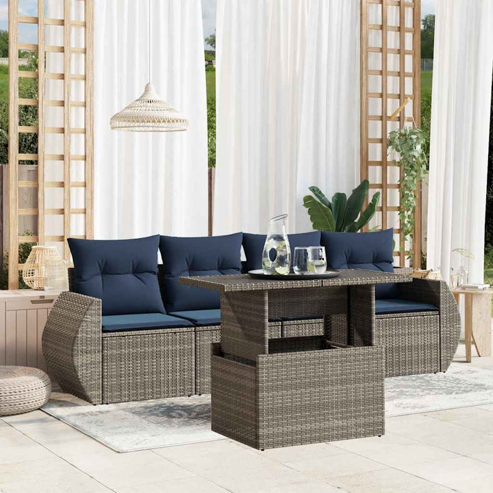 havesofasæt med 5 dele og hynder grå polyrattan