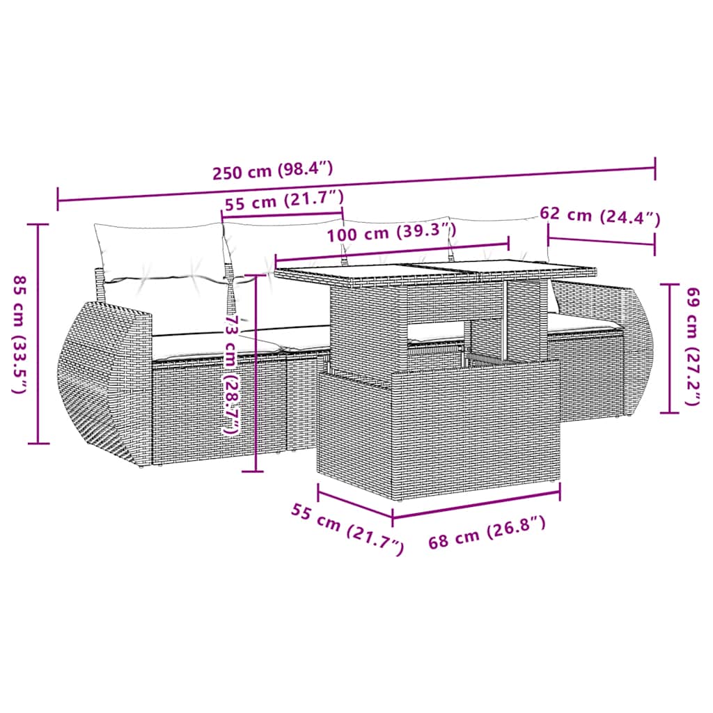 havesofasæt med 5 dele og hynder brun polyrattan