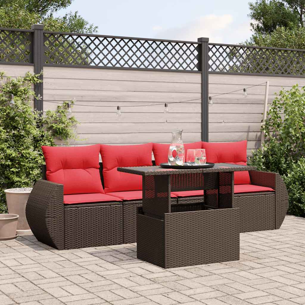 havesofasæt med 5 dele og hynder brun polyrattan