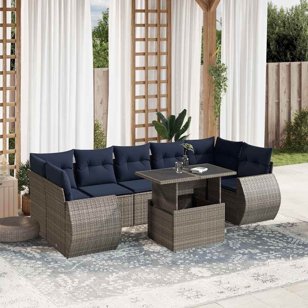 havesofasæt med 8 hynder grå polyrattan