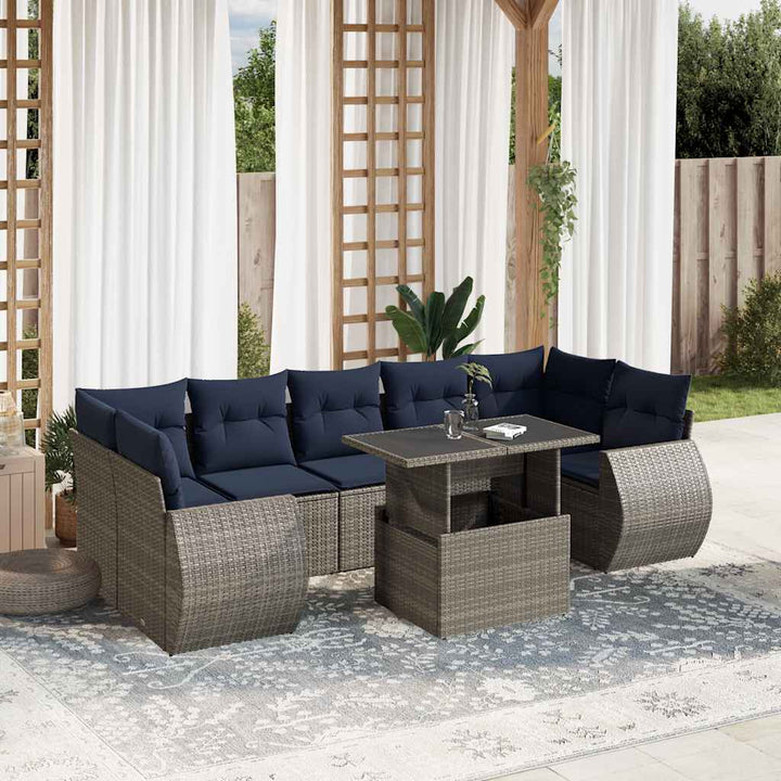 havesofasæt med 8 hynder grå polyrattan