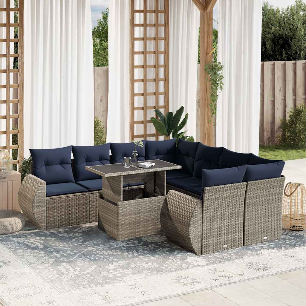 havesofasæt med 9 dele og hynder grå polyrattan