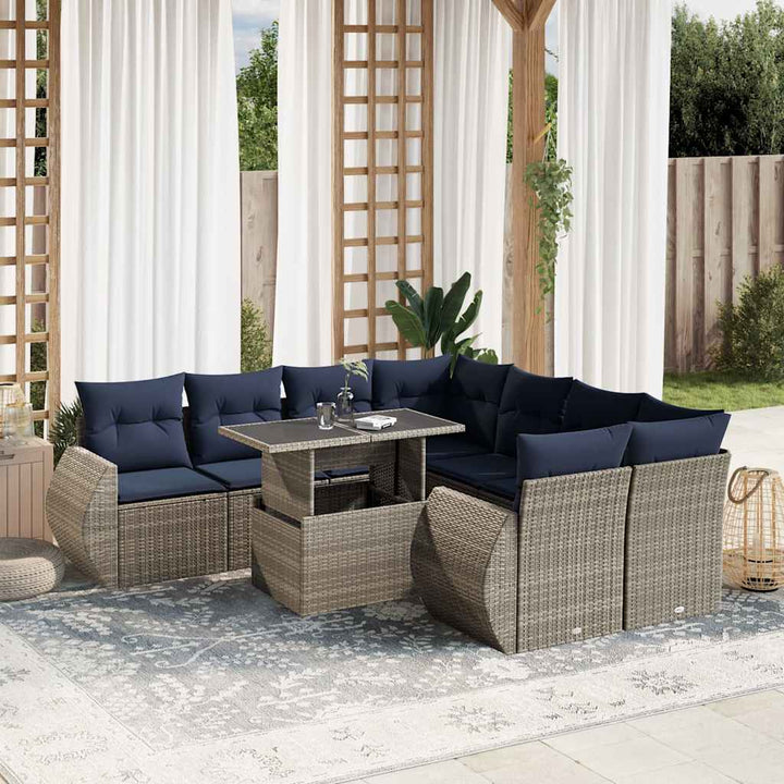 havesofasæt med 9 dele og hynder grå polyrattan