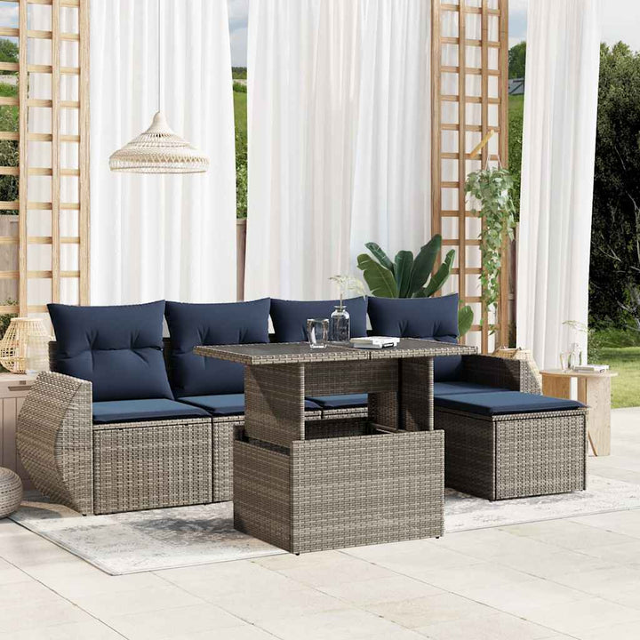 havesofasæt med 6 dele og hynder grå polyrattan