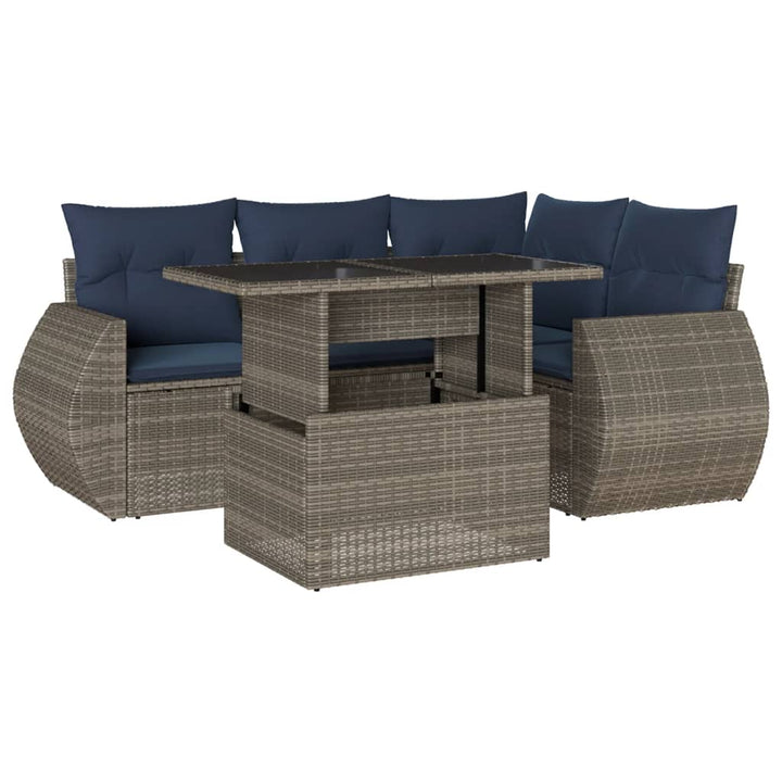 havesofasæt med 5 dele og hynder grå polyrattan