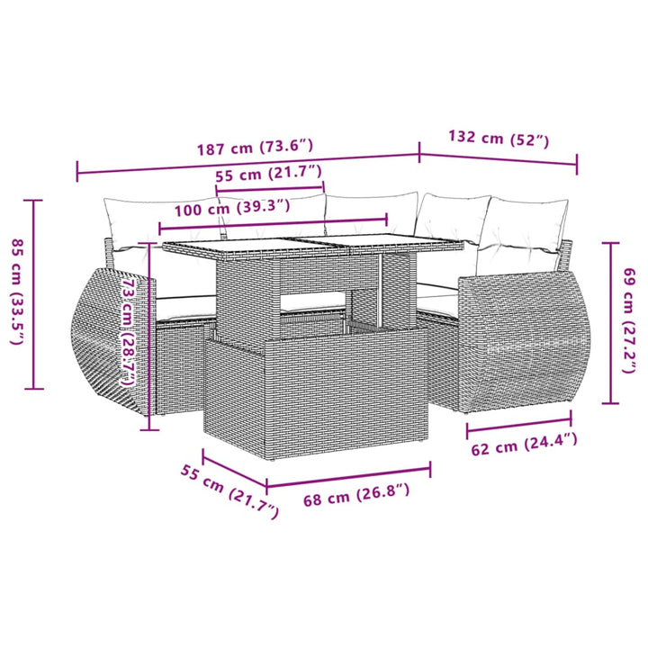 sofasæt 5 dele med hynder polyrattan lysegrå