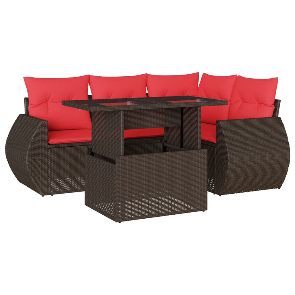 havesofasæt med 5 dele og hynder brun polyrattan