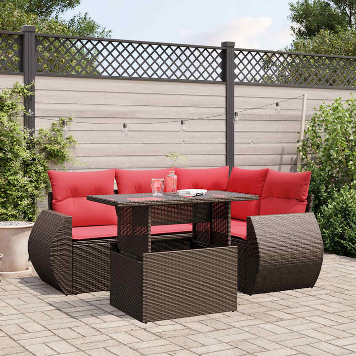 havesofasæt med 5 dele og hynder brun polyrattan
