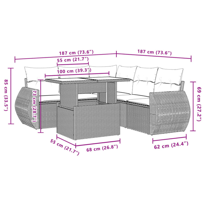 sofasæt til haven 6 dele med hynder polyrattan sort