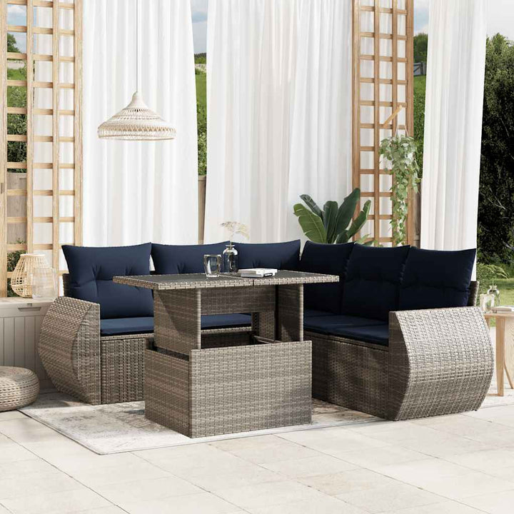 havesofasæt med 6 dele og hynder grå polyrattan