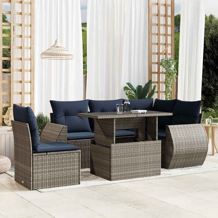 havesofasæt med 6 dele og hynder grå polyrattan