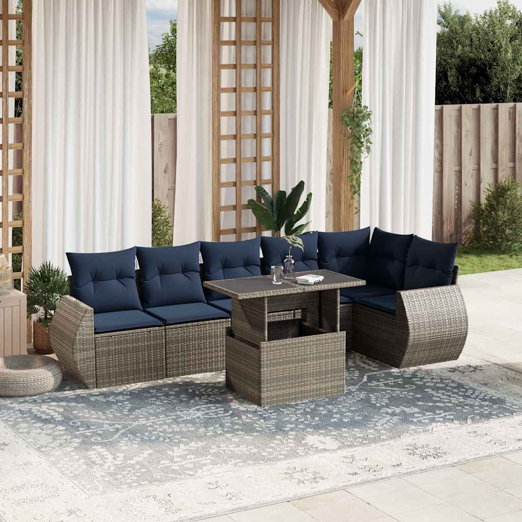havesofasæt med 7 dele og hynder grå polyrattan