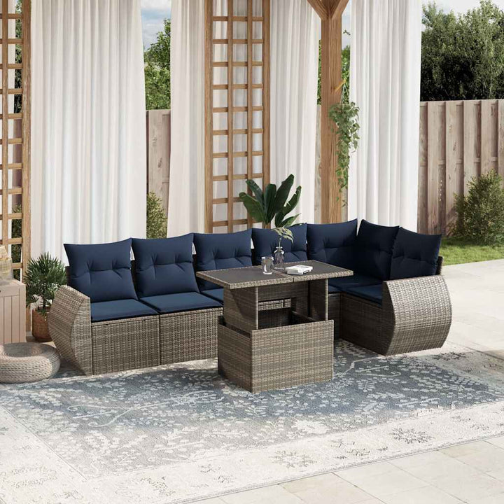 havesofasæt med 7 dele og hynder grå polyrattan