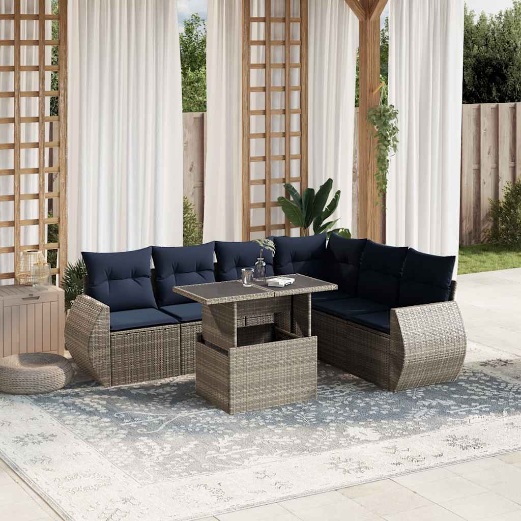 havesofasæt med 7 dele og hynder grå polyrattan