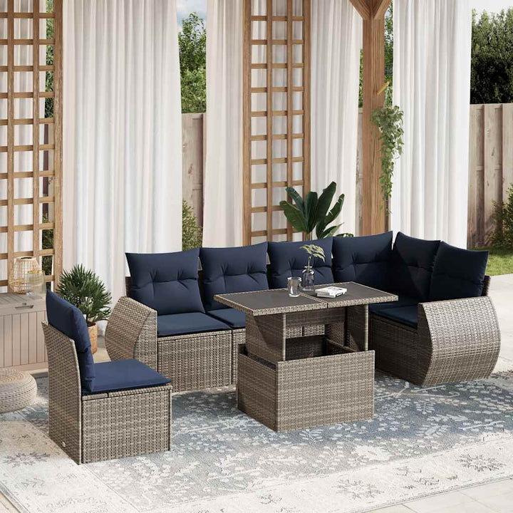 havesofasæt med 7 dele og hynder grå polyrattan
