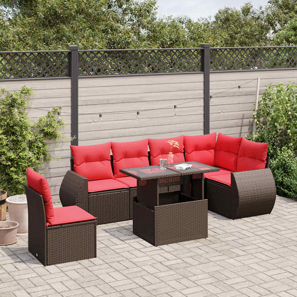 havesofasæt med 7 hynder brun polyrattan