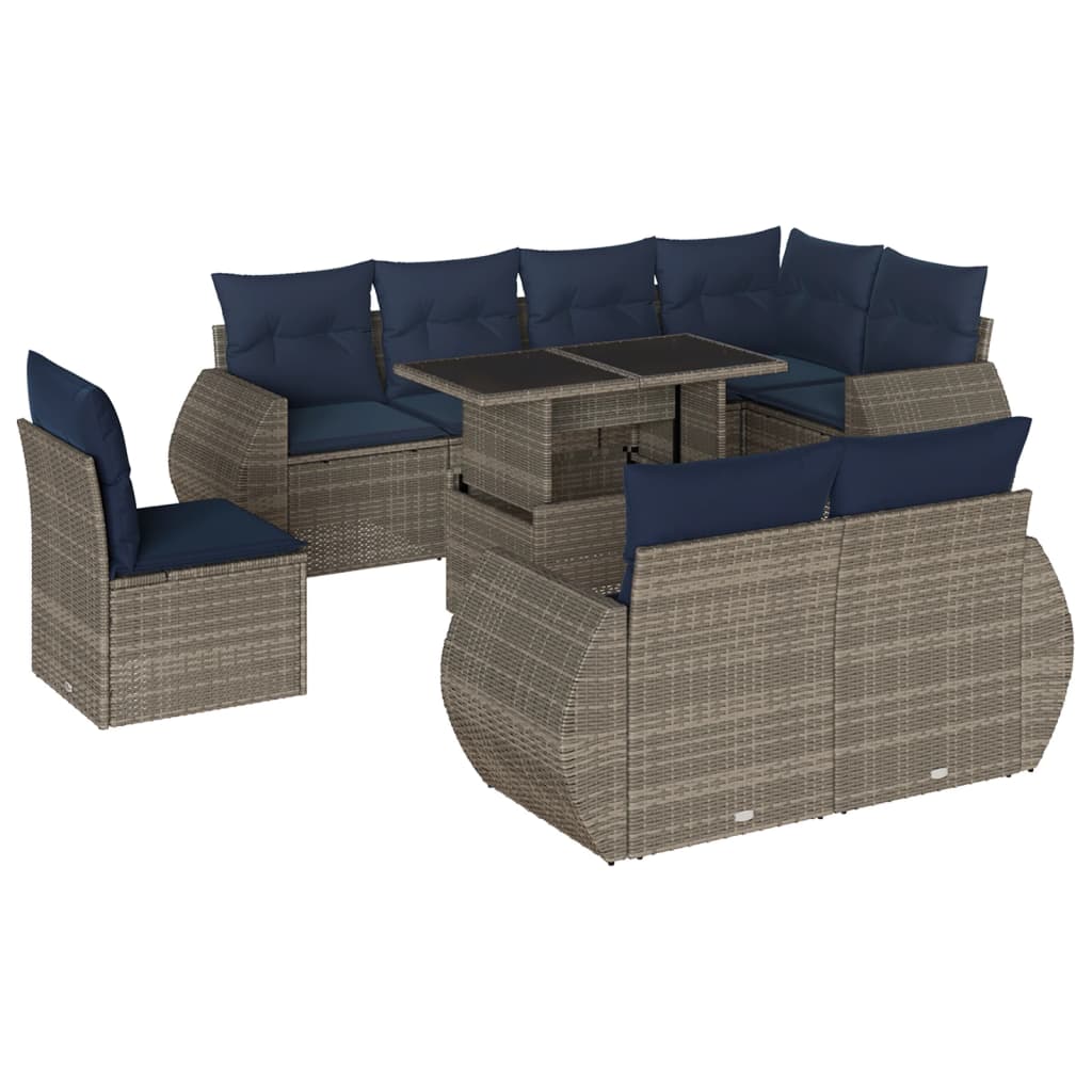 havesofasæt med 9 dele og hynder grå polyrattan