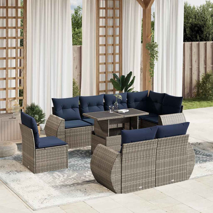 havesofasæt med 9 dele og hynder grå polyrattan