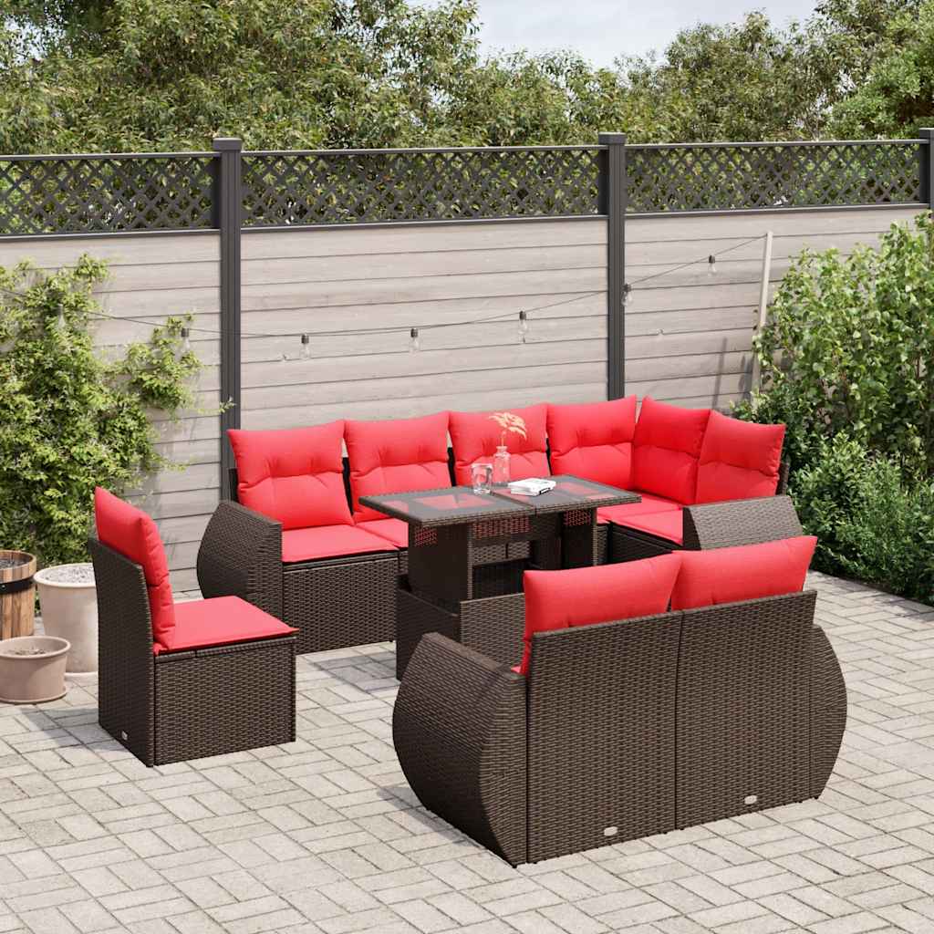 havesofasæt med 9 dele og hynder brun polyrattan