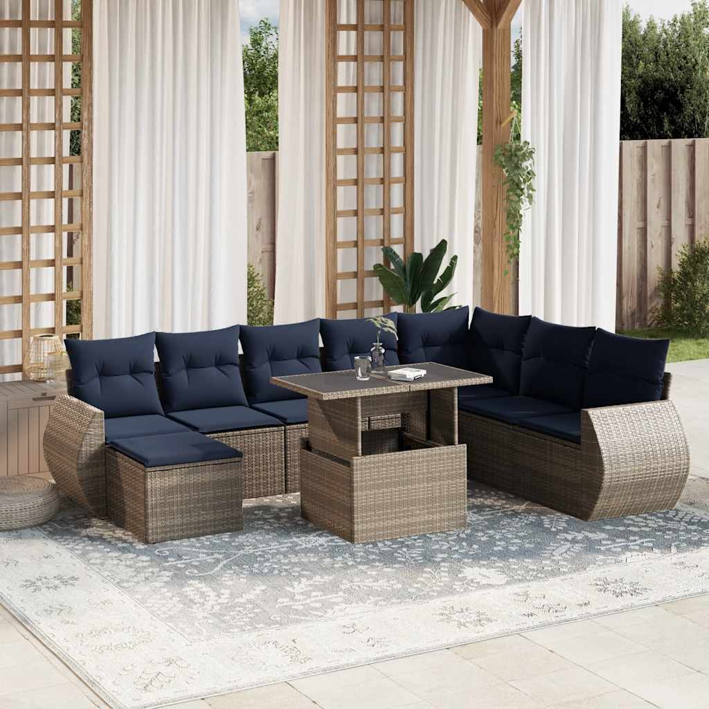 havesofasæt med 9 dele og hynder grå polyrattan