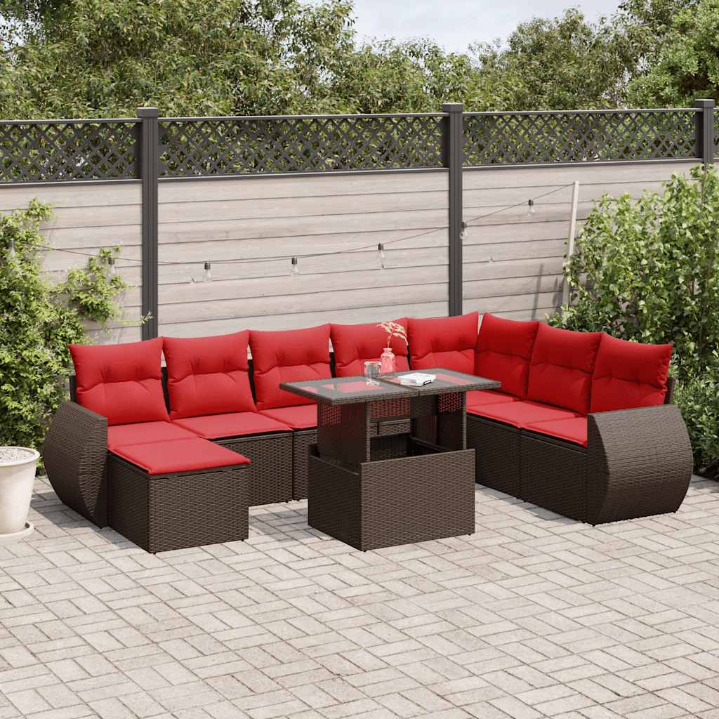havesofasæt med 9 dele og hynder brun polyrattan