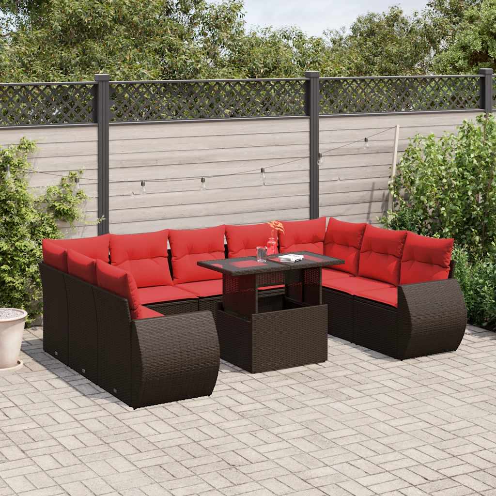 havesofasæt med 10 hynder brun polyrattan