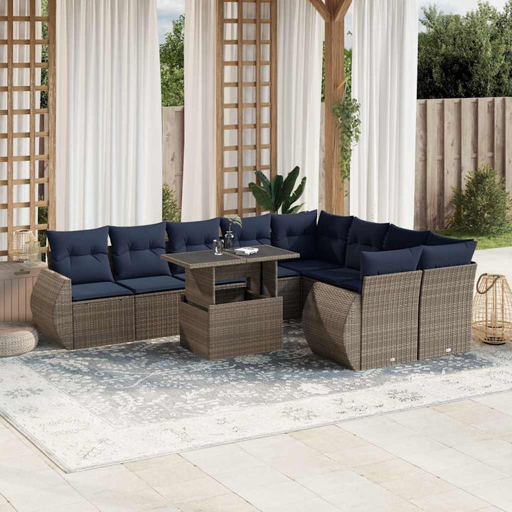 havesofasæt med 10 dele og hynder grå polyrattan