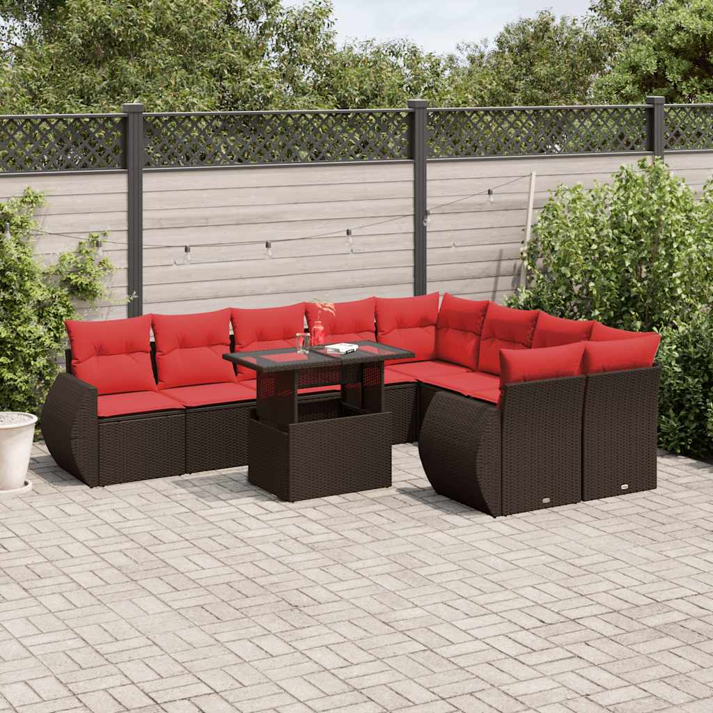 havesofasæt med 10 hynder brun polyrattan