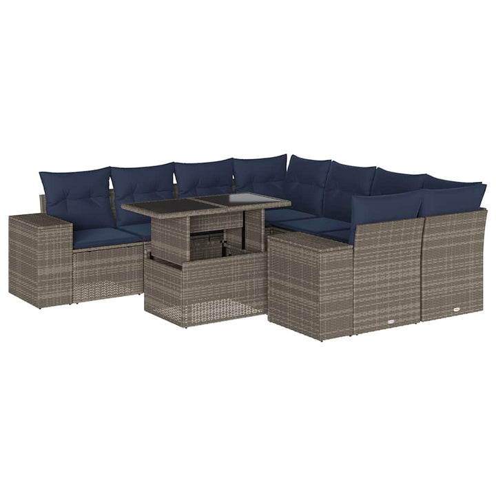 havesofasæt med 9 dele og hynder grå polyrattan
