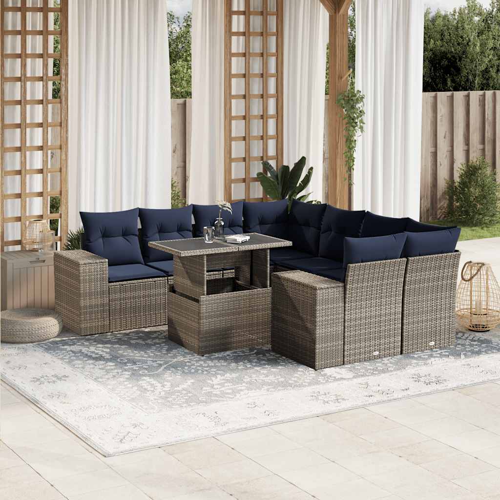havesofasæt med 9 dele og hynder grå polyrattan