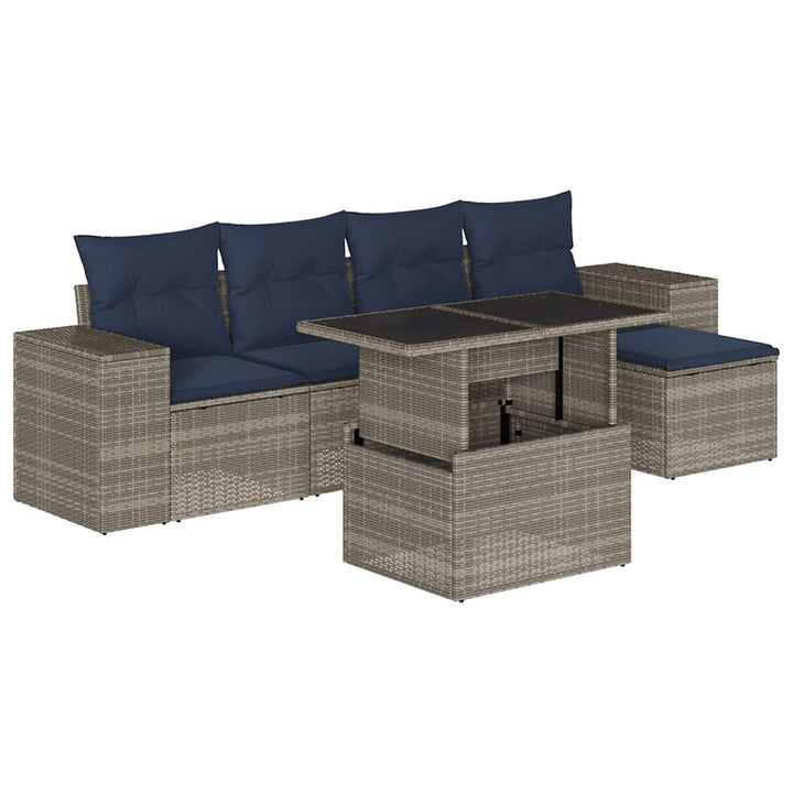 havesofasæt med 6 dele og hynder grå polyrattan