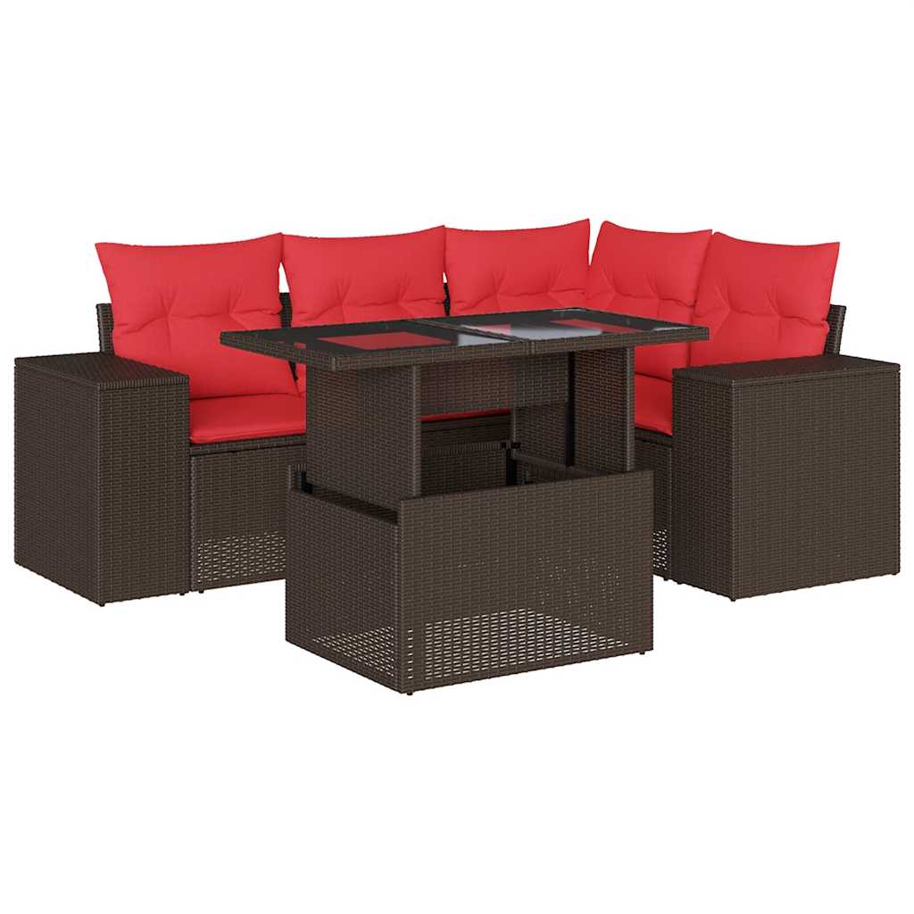 havesofasæt med 5 dele og hynder brun polyrattan