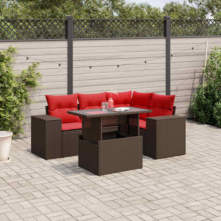 havesofasæt med 5 dele og hynder brun polyrattan