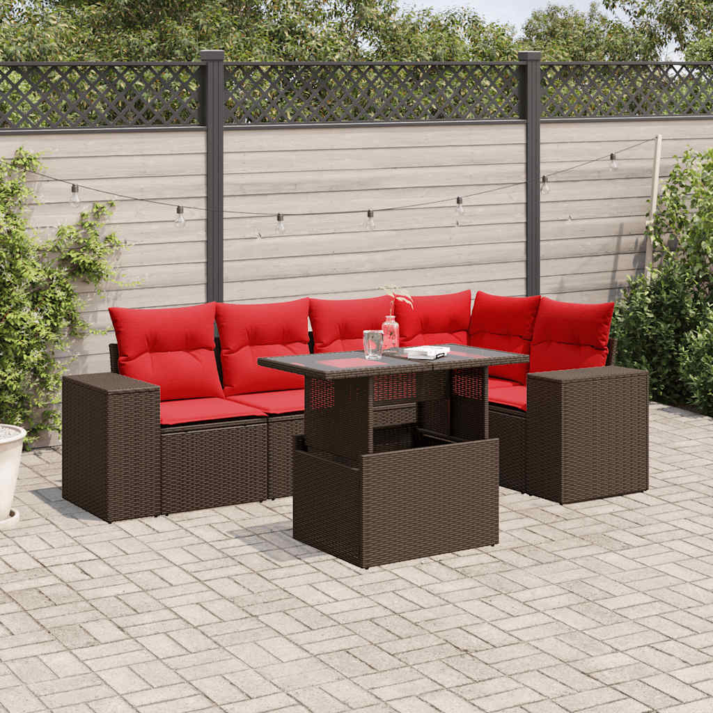 havesofasæt med 6 hynder brun polyrattan