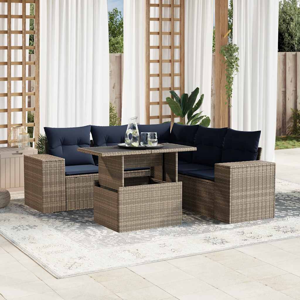 havesofasæt med 6 dele og hynder grå polyrattan